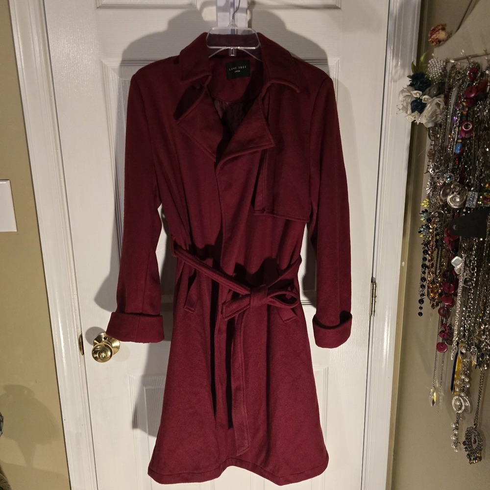 Love Tree Womens Burgundy‎ Wine Red Belted Trench Coat Jacket Womens Size Large